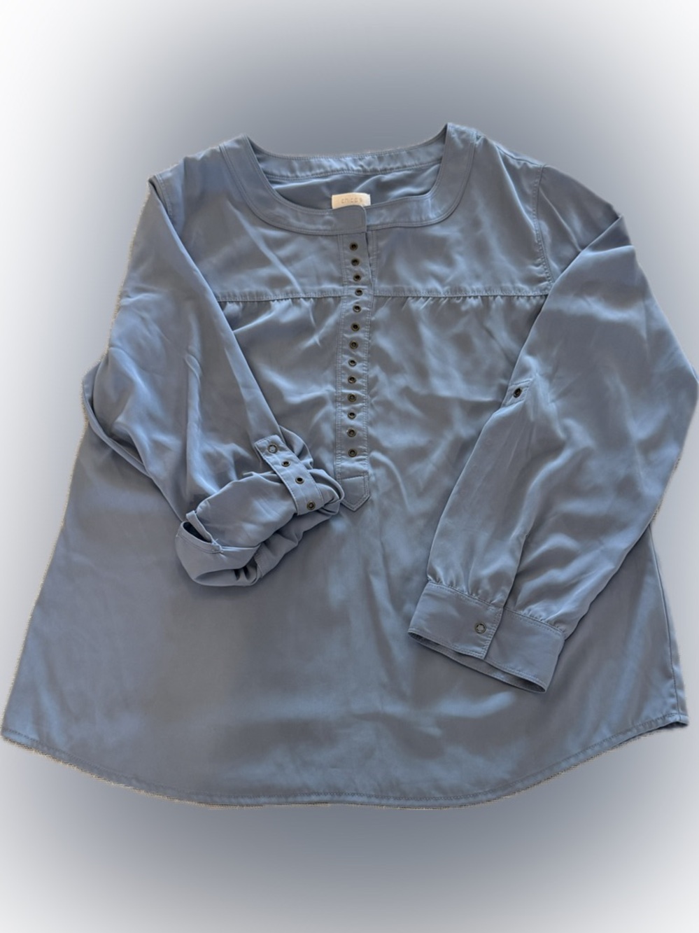Chico’s Blue Blouse Size 1 Medium Long Sleeve Button Detail Top
